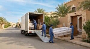 أثاث وصناديق مغلفة باحترافية وأمان وجاهزة للنقل ضمن خدمات نقل عفش حي الرماح بالرياض لضمان الحفاظ على الممتلكات وتوفير تجربة مريحة.